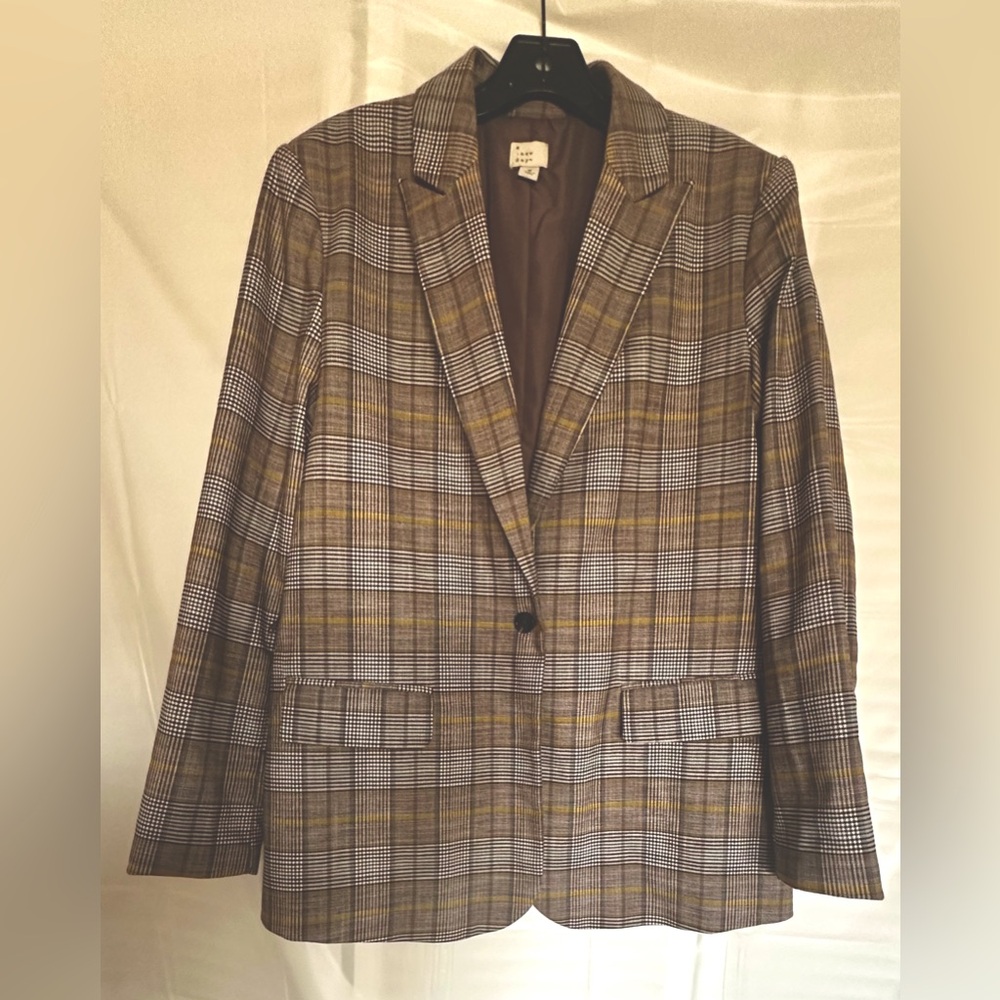 A New Day-Plaid Women's Blazer - Brown and Yellow